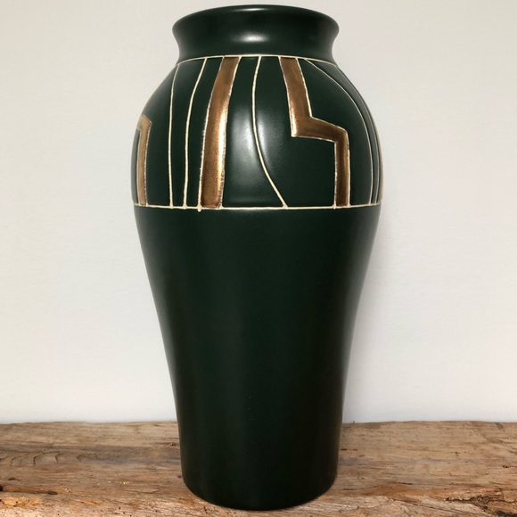 Vintage Art Deco Tall Dark Green Stoneware Vase - Picture 2 of 12
